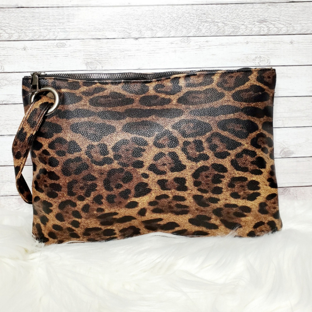 Large Leopard Vegan Leather Wristlet Clutch